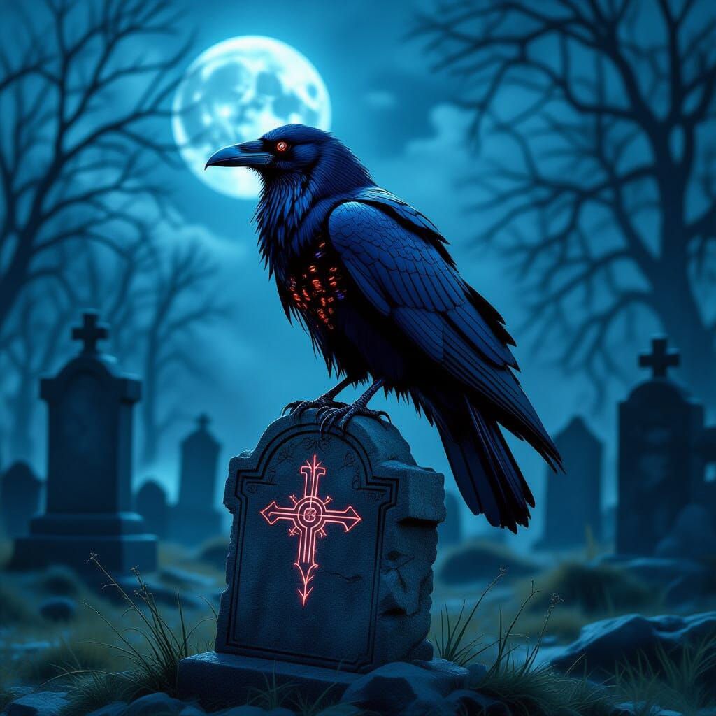 Gothic Cybernetic Raven in Moonlit Graveyard