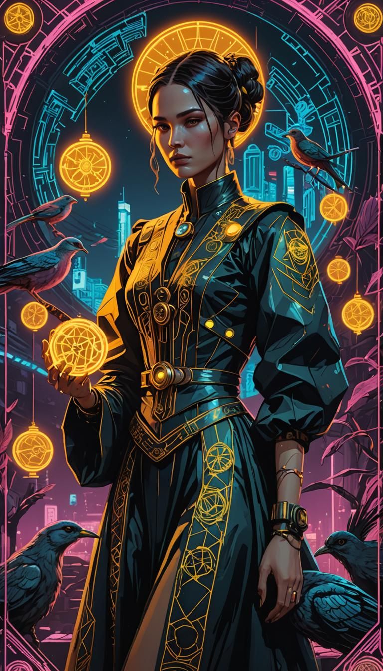 Nine of Pentacles Tarot Card in Cyberpunk Style