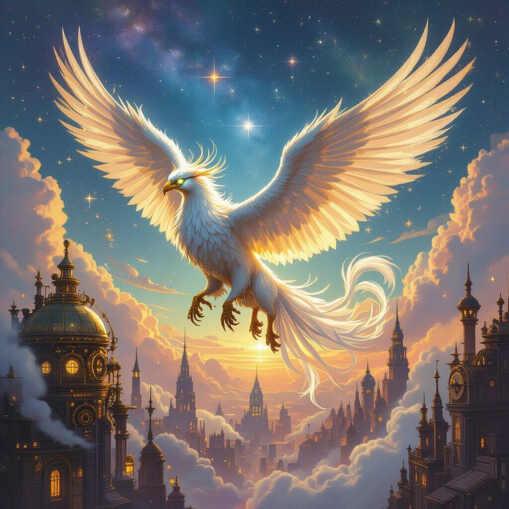 Celestial Steampunk Griffin Soaring Through Nebula Sky