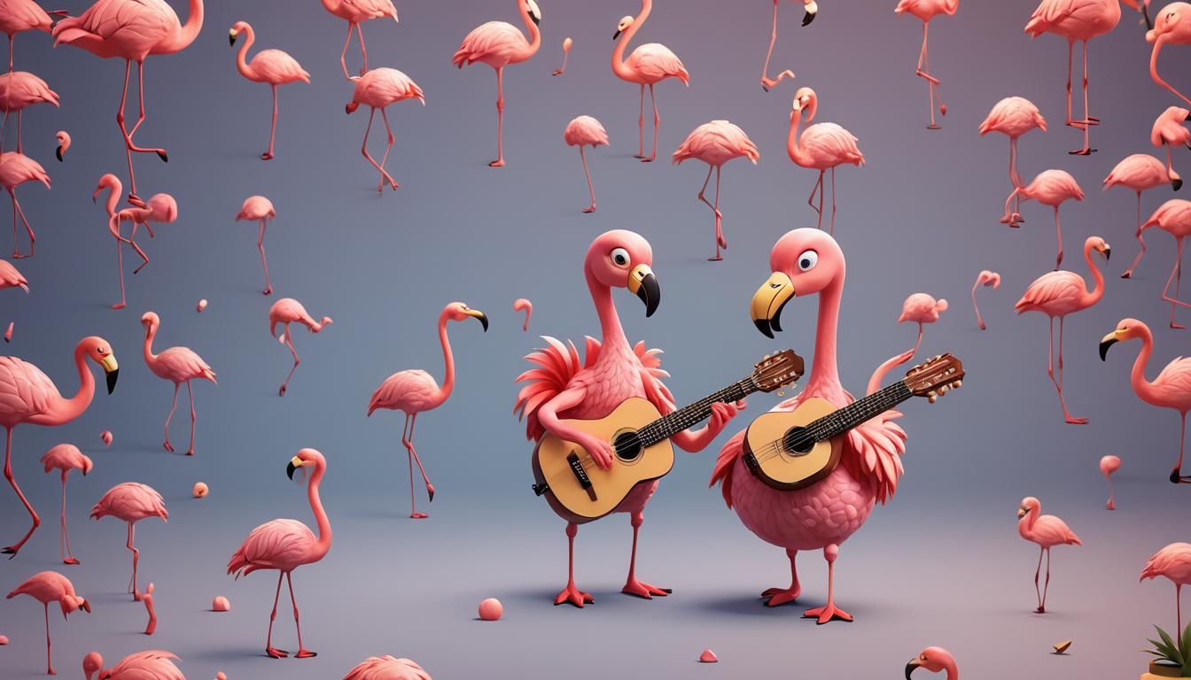 Cute Cartoon Flamingo Playing Guitar in Ghibli Style