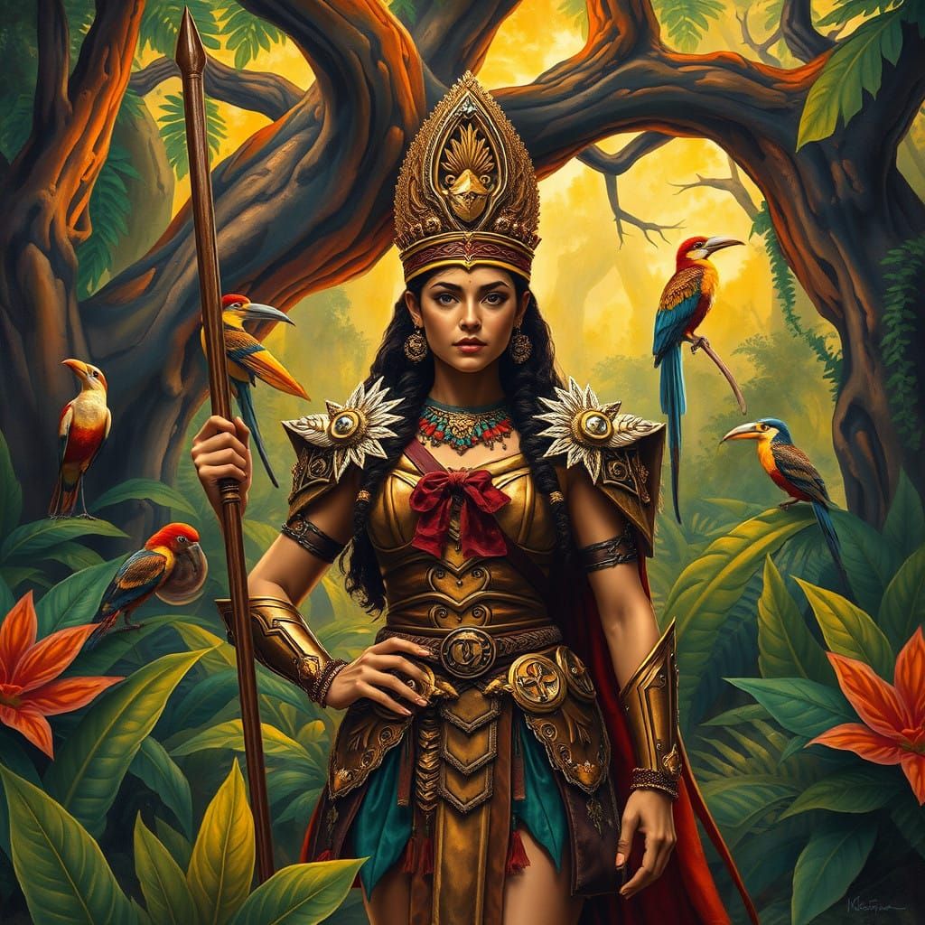 Regal Amazonian Princess in Vibrant Jungle Splendor