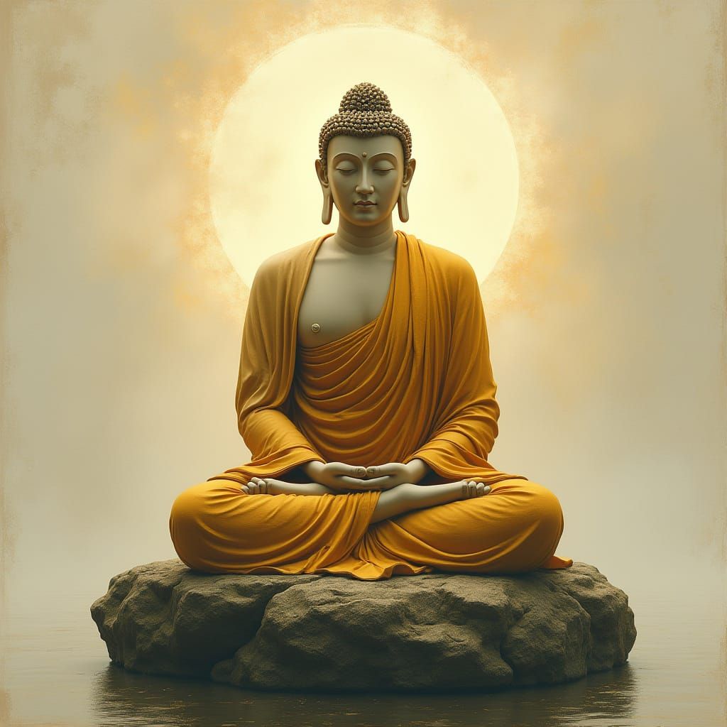 Serenely Draped Buddha in Golden-Brown Monastic Robe