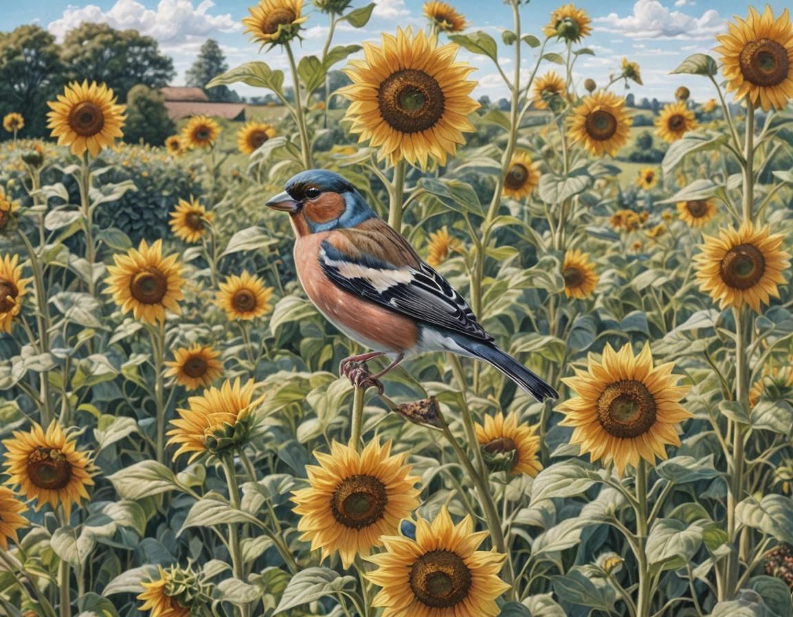 Chaffinch on Sunflower in Coloured Pencil Sketch