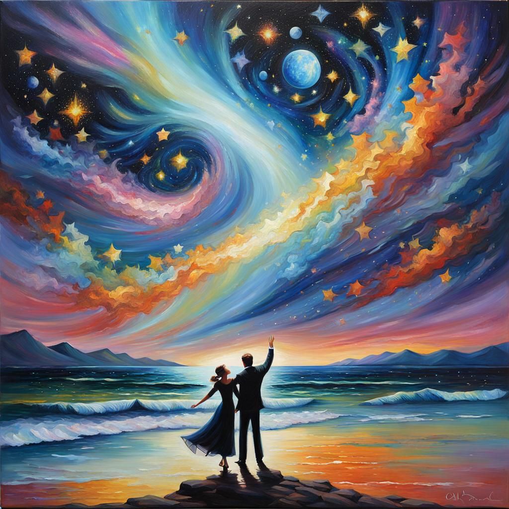 Cosmic Serenade: Stars Dance in Oil Painting