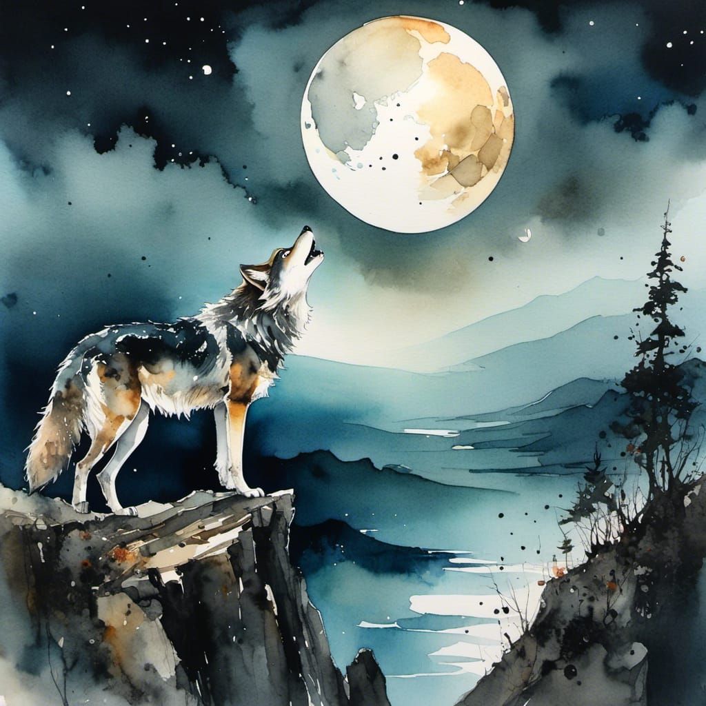 Wolf Howling at Moon in Watercolor Ink Style