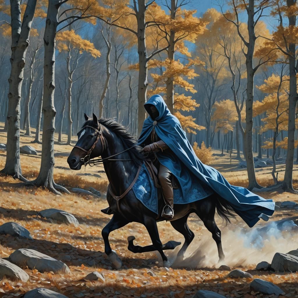 Blue Cloaked Rider in Rocky Meadow