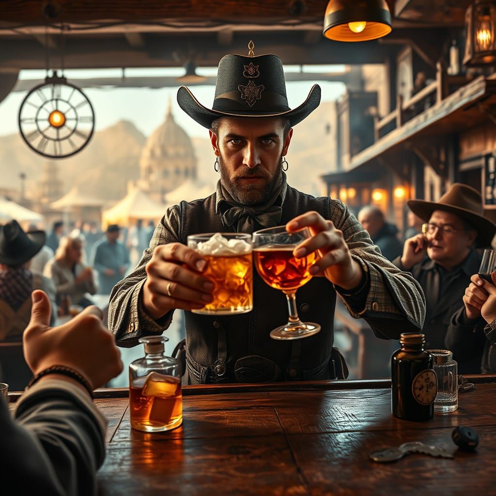 Old West Saloon Keeper with Cyberpunk Flair