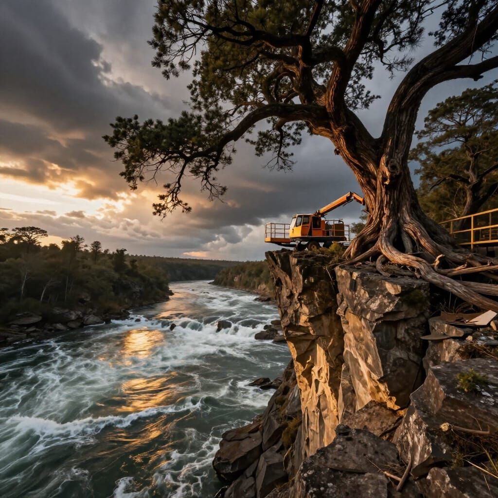 Ancient Tree Over Raging River with Cherry Picker