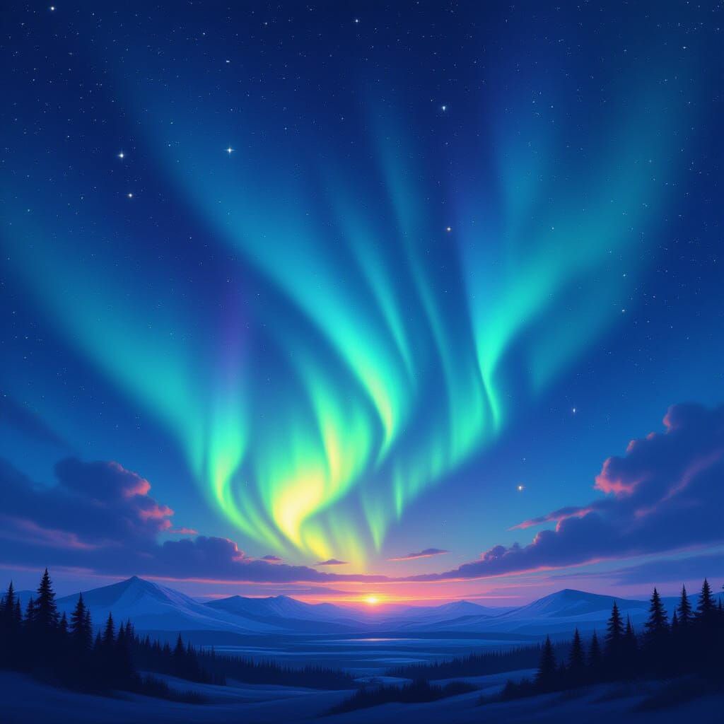 Aurora Borealis: Vibrant Northern Lights Over Starry Sky