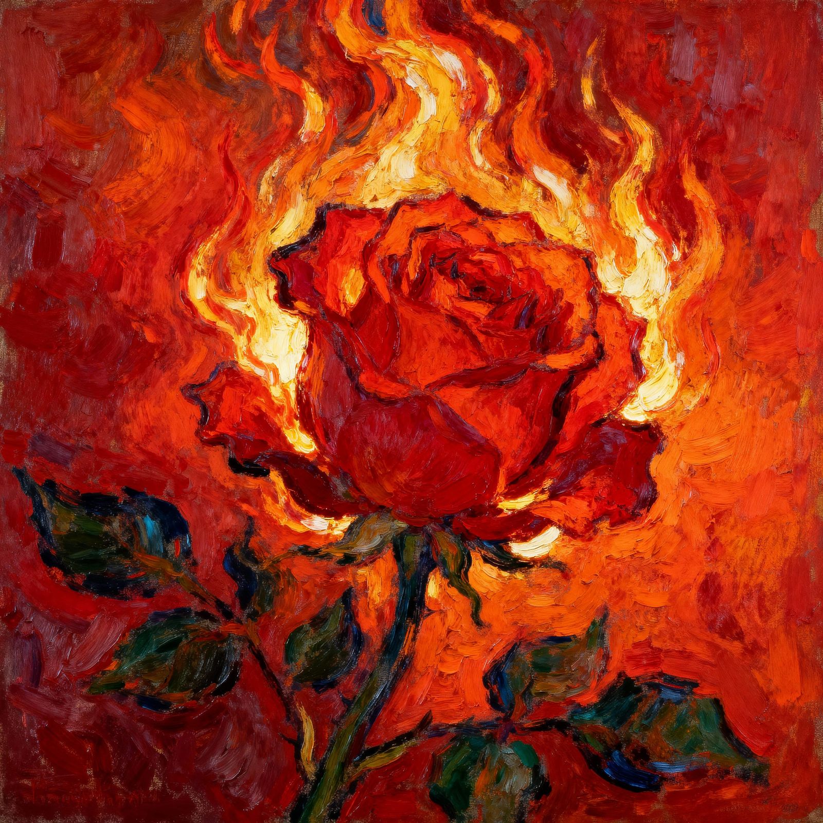 Fiery Rose Expressionist Painting in Crimson and Orange