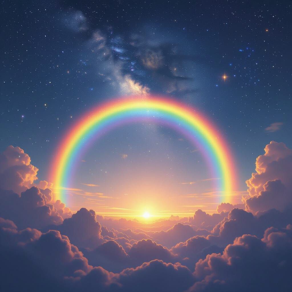 Elegant Rainbow Amidst Starry Sky in Hyperrealistic Style