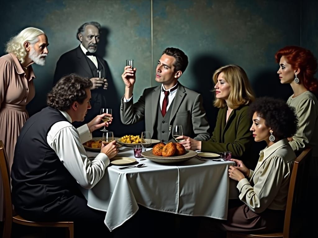 Old Master Painting Characters Party at Night