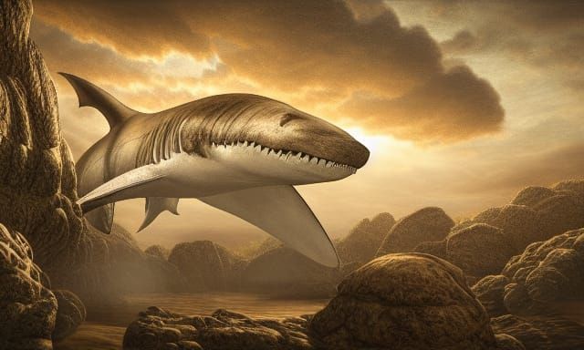 Megalodon Tooth Fossil Engraving: Cretaceous Landscape