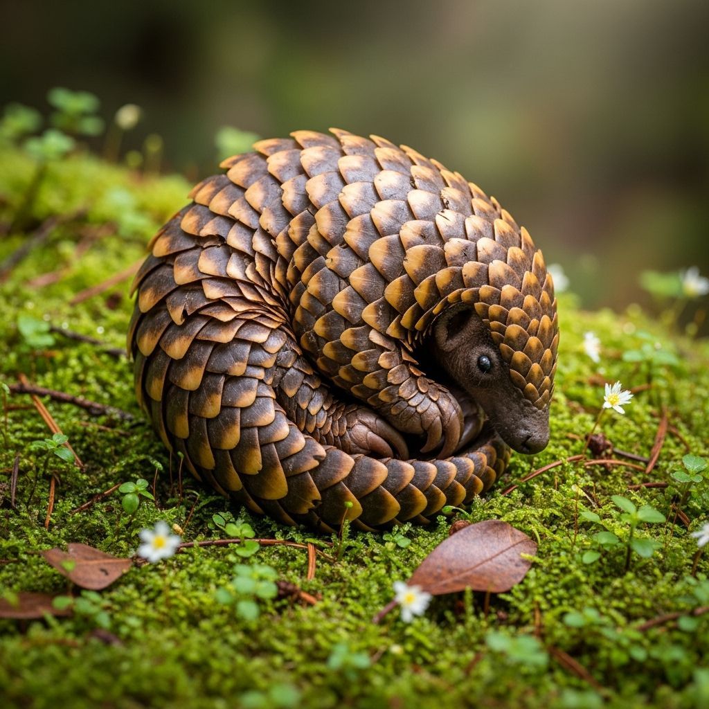 Baby Pangolin Curled on Moss in Tropical Forest
