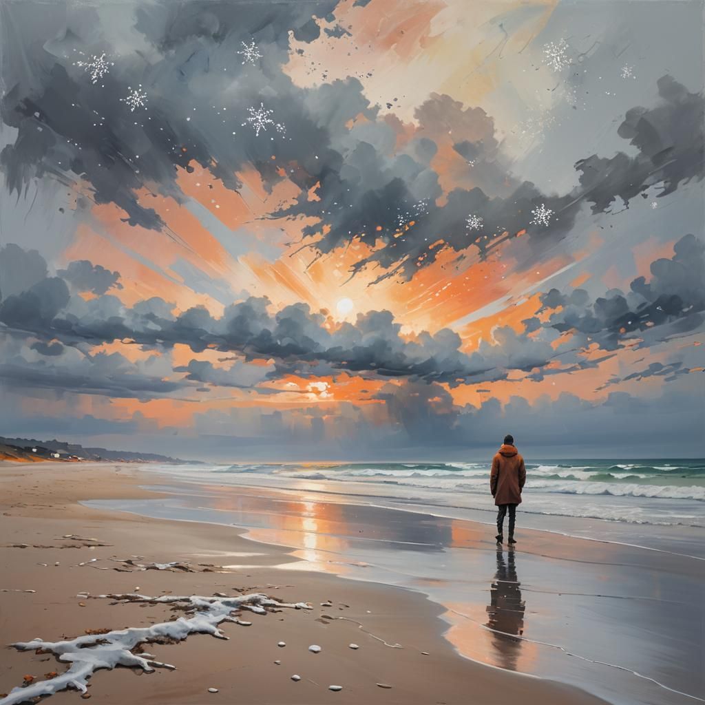 Snowflakes Fall on Lone Figure: Abstract Expressionism