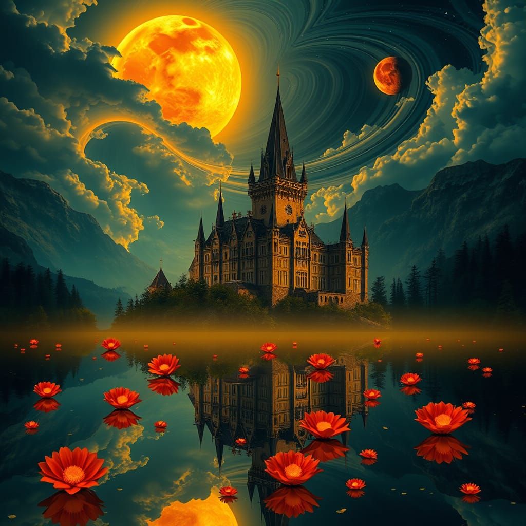 Surreal Gothic Castle Illusion in Golden Hour