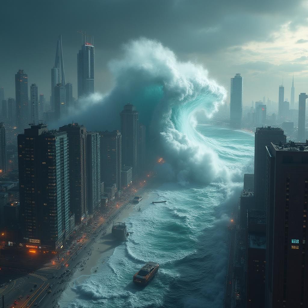 Tsunami Devastates Futuristic City: Dystopian Sci-Fi Art