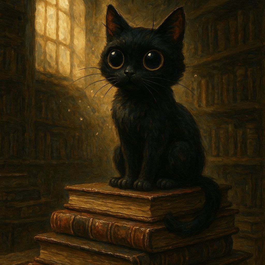 Black Cat in Library, Stylized Oil Painting