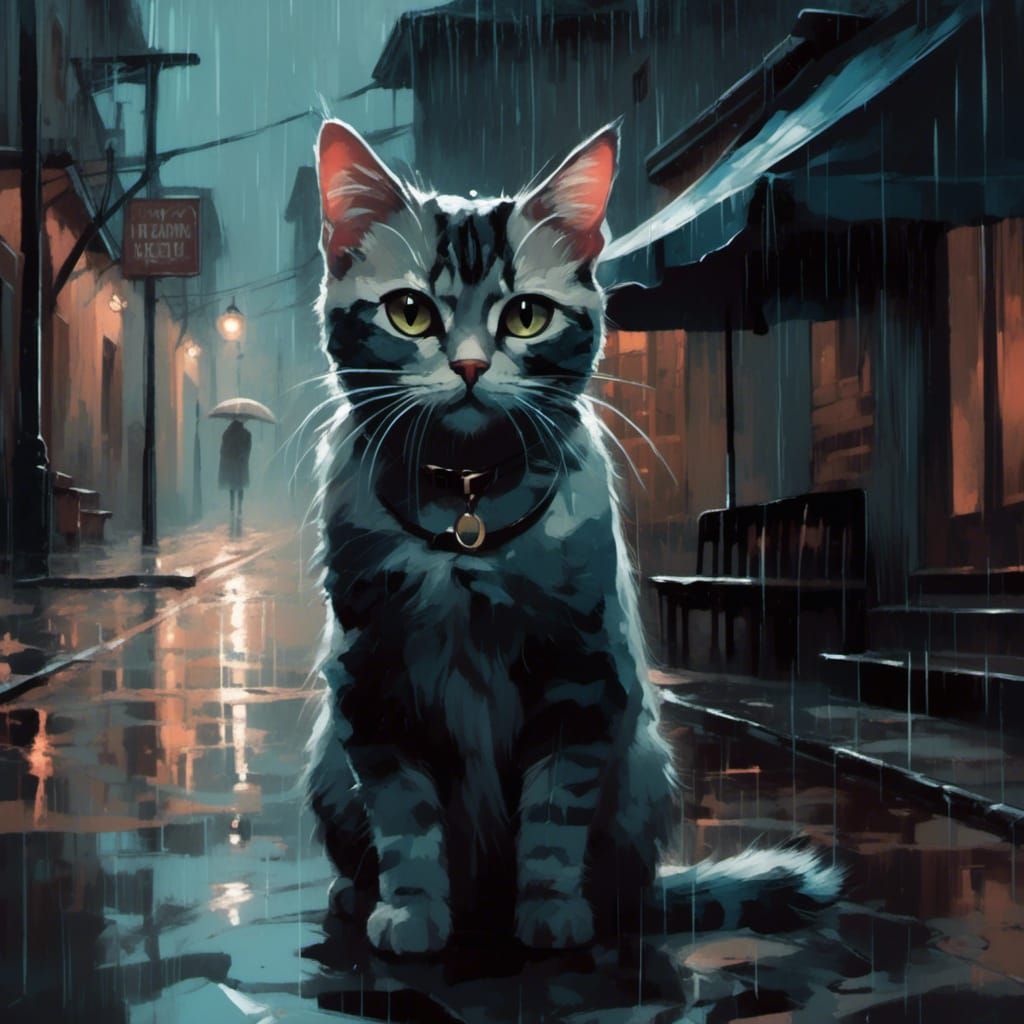 Stray Cat in Rainy Alley: Moody Digital Art