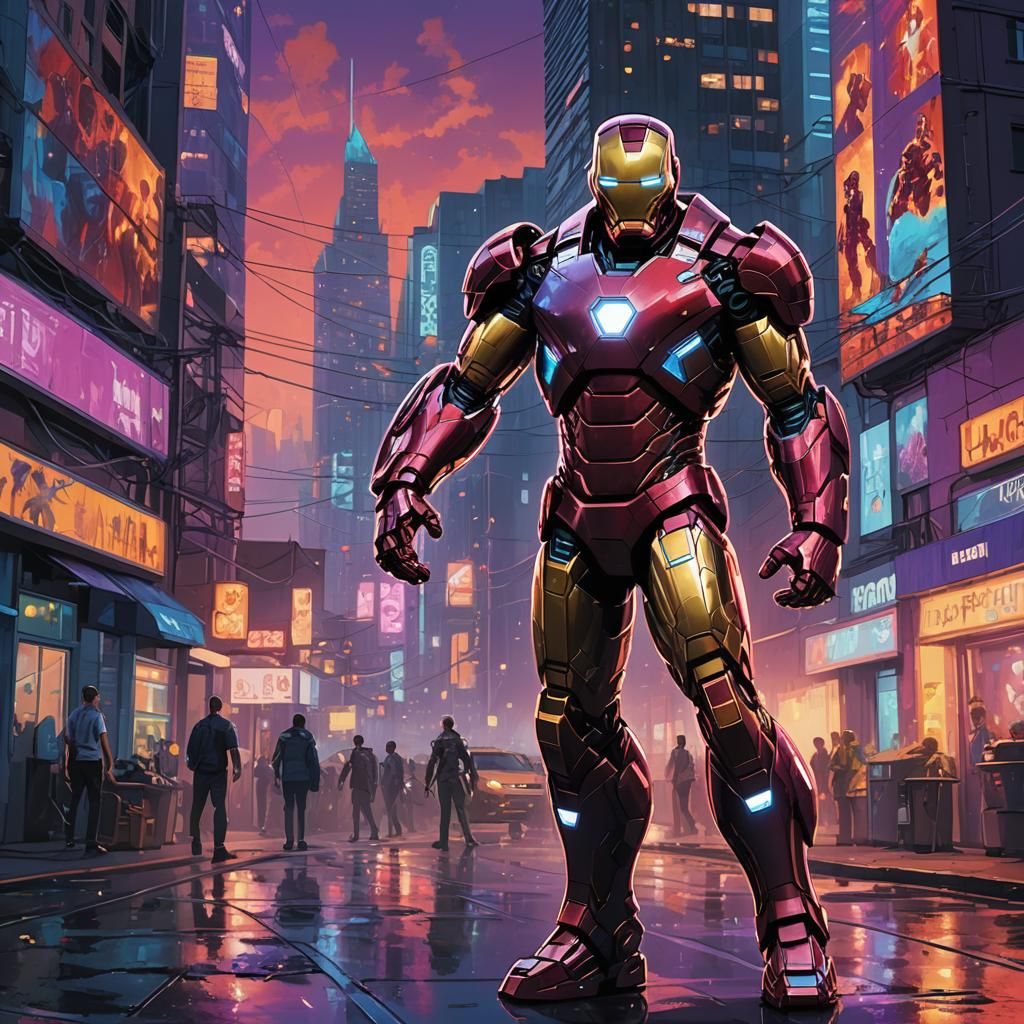 Iron Man in Neon Cityscape: Cyberpunk Concept Art
