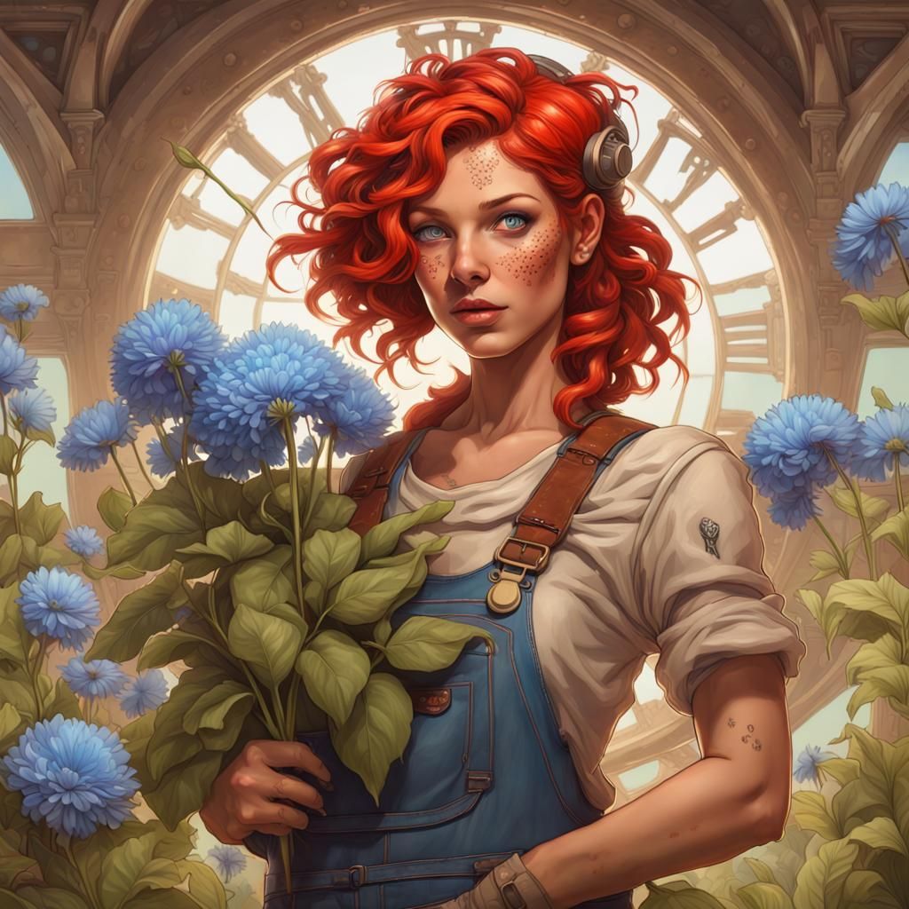Steampunk Farmer with Red Hair Picking Flowers