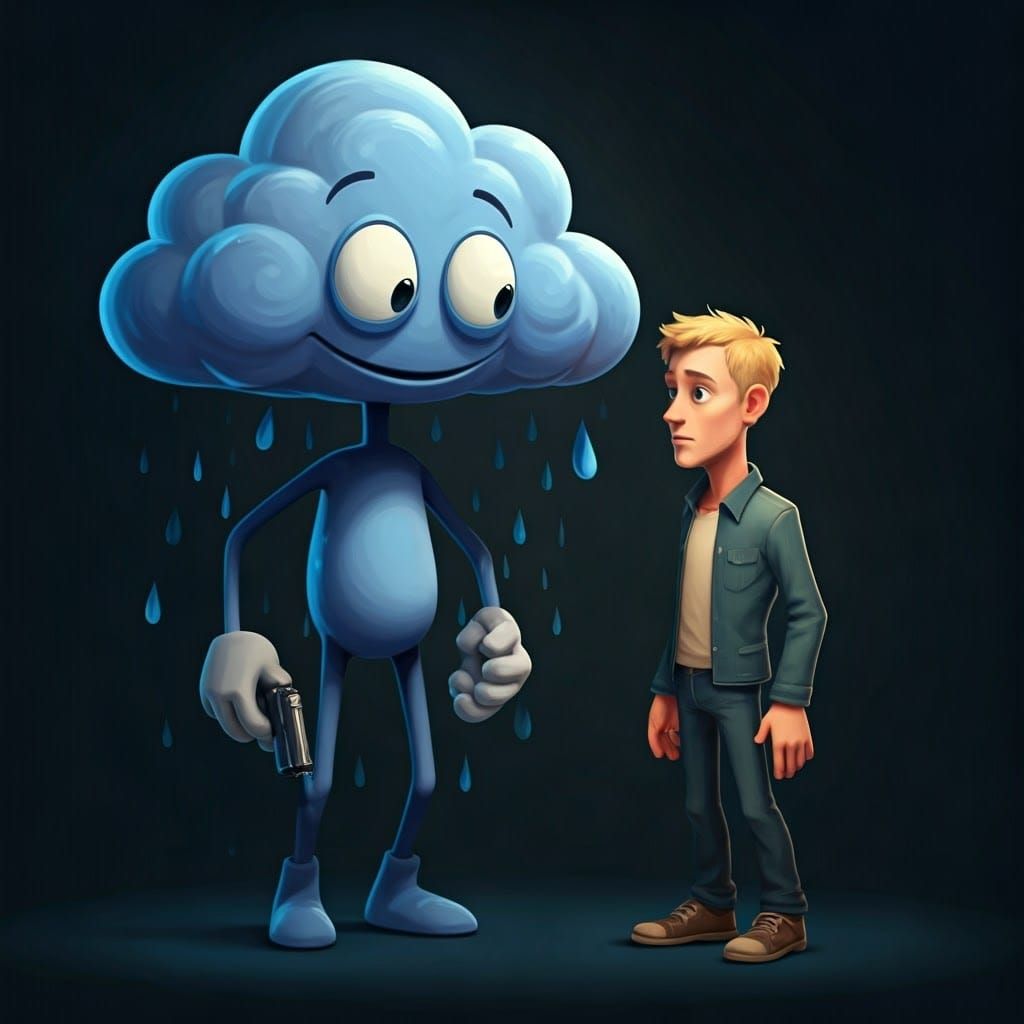 A Cartoon Raincloud Character Holds a Gun to a Blond Man