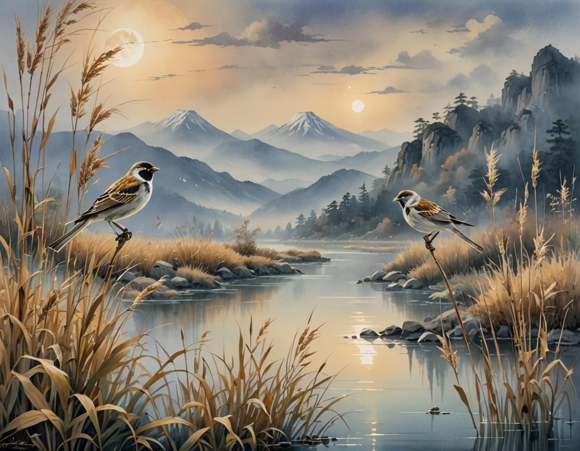 Reed Buntings in Japanese Watercolor Landscape
