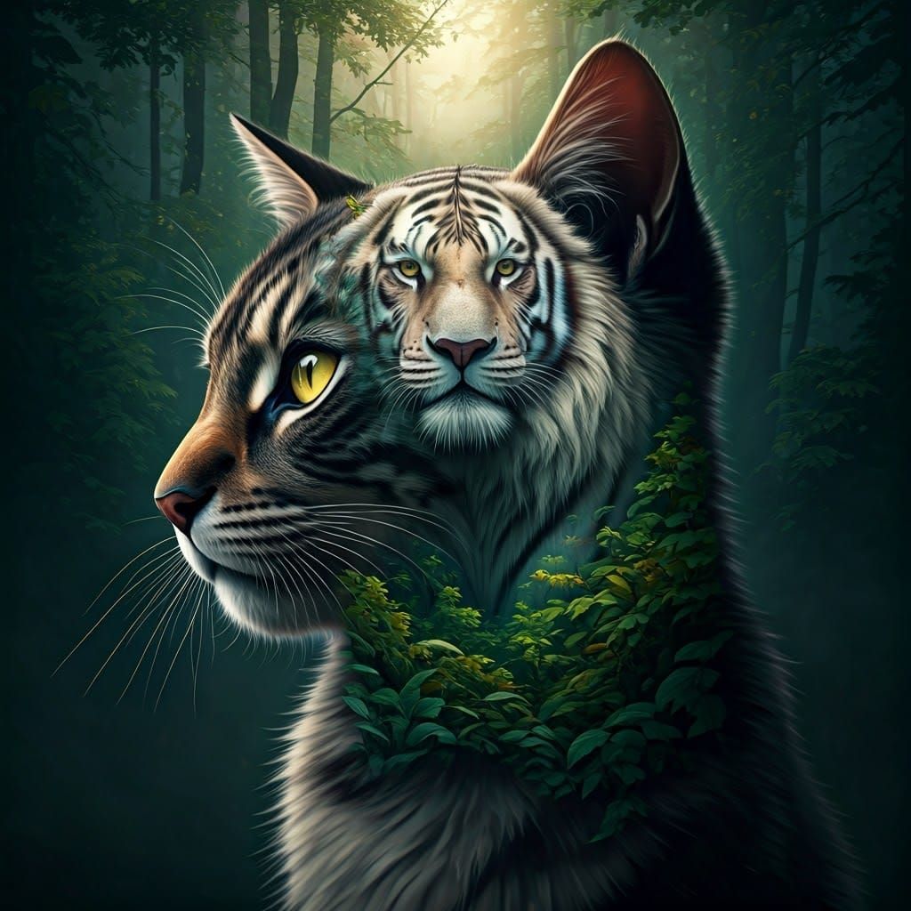 Double Exposure: Kitten Merged with Tiger Forest