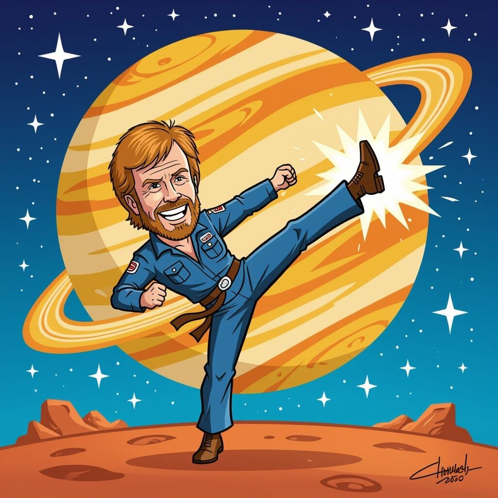 Chuck Norris Kicks Saturn in Cartoon Style