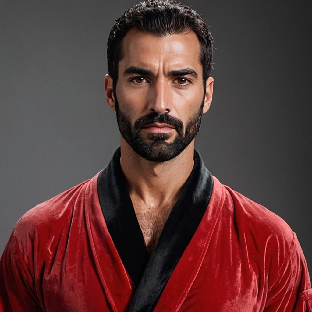 Serious Man in Red Velvet Robe Portrait