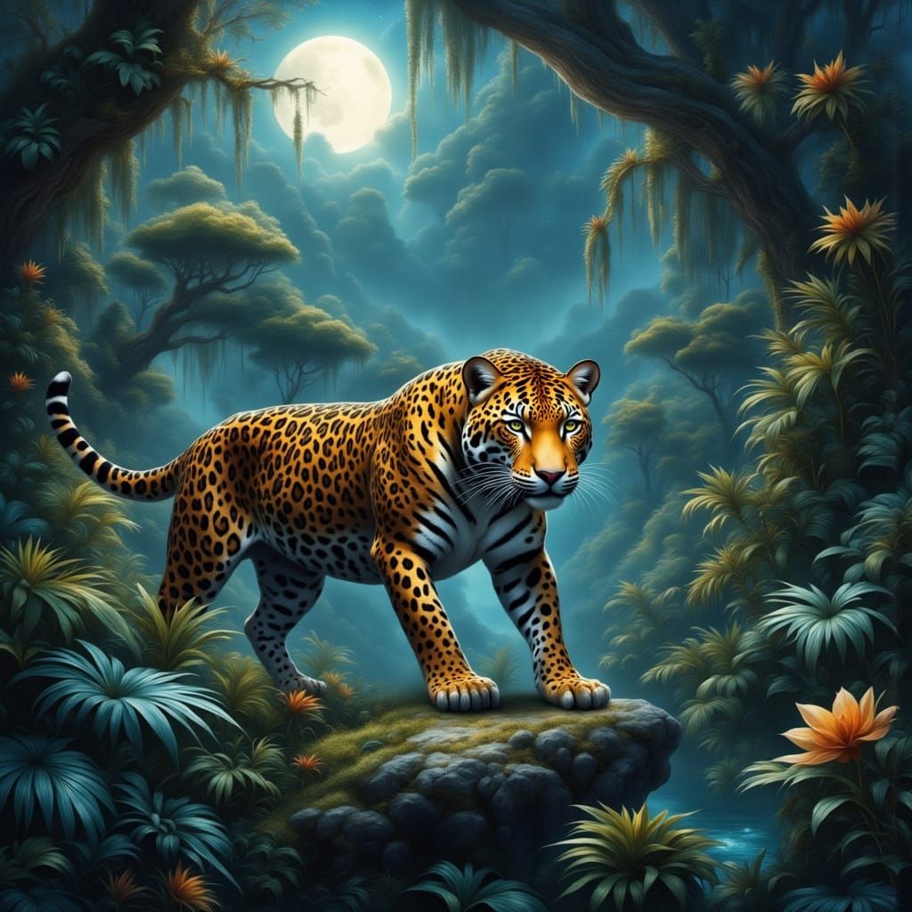 Majestic Jaguar Under Silvery Moonlight