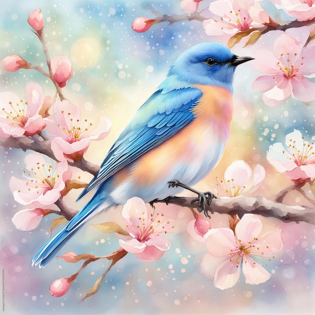 Blue Bird on Cherry Branch in Watercolor Poster Art