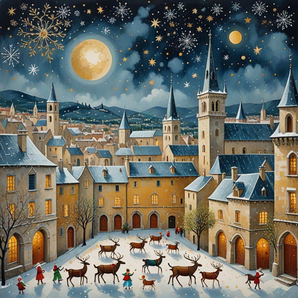 Santa Claus Arrives in Avignon, Oil on Canvas Impasto
