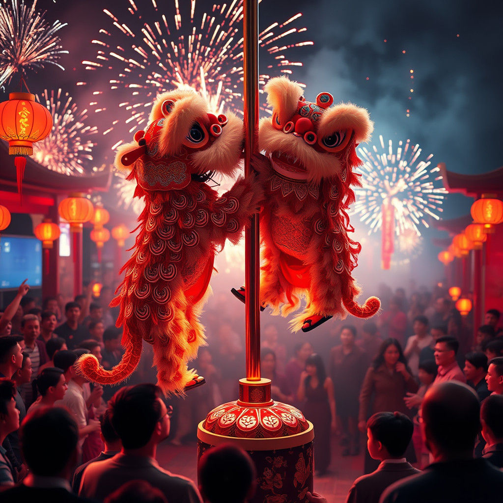 Vibrant Lion Dance Performance with Firecrackers