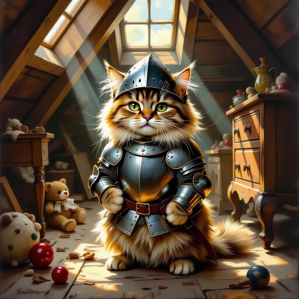 Tabby Cat Knight in Dusty Attic Oil Painting