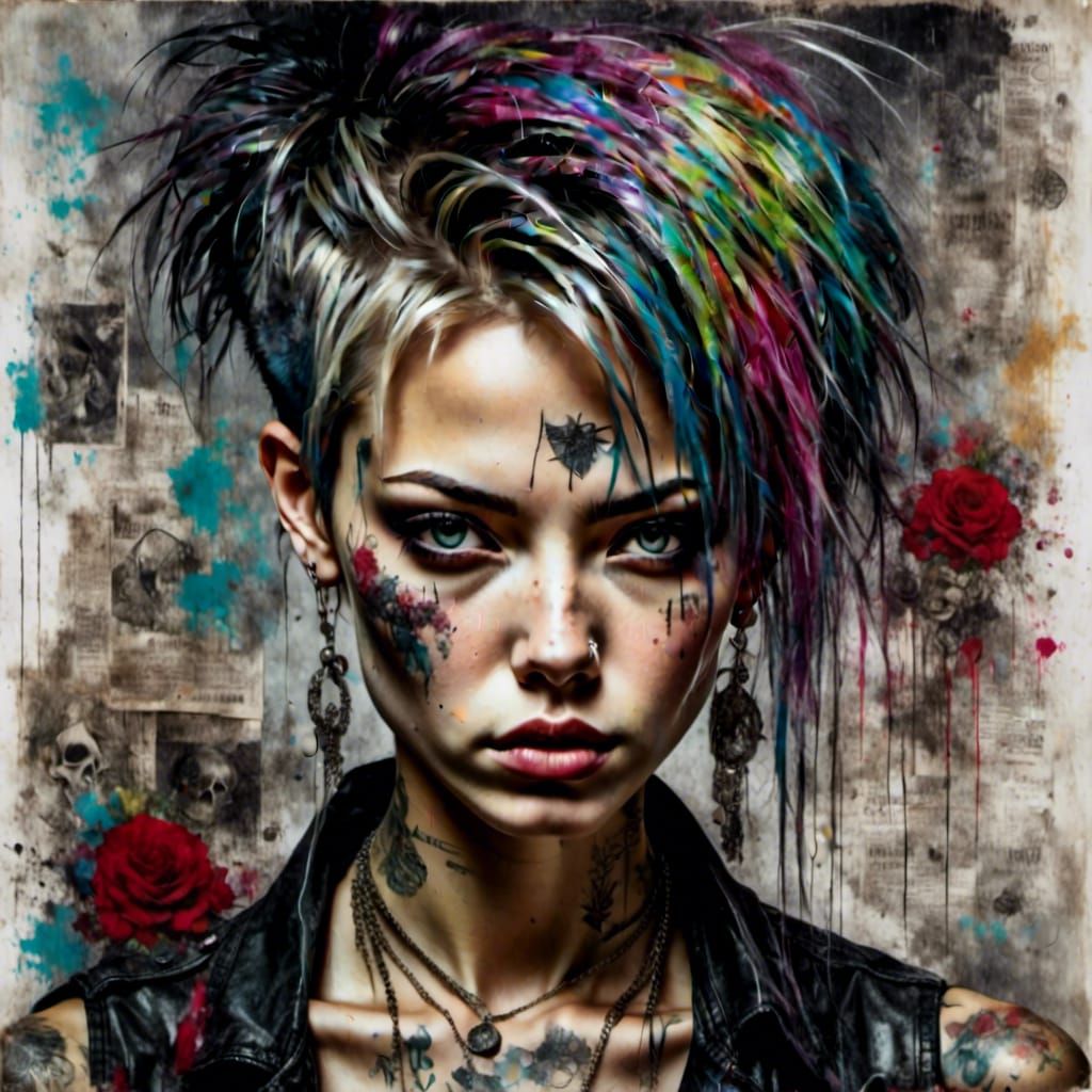 Edgy Punk Woman Portrait in Grunge Poster Style