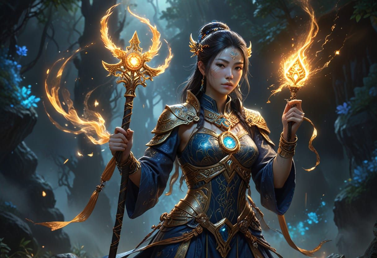 Figure with Glowing Runes and Staff, Fantasy Concept Art