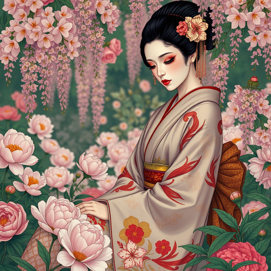 Geisha Mourning in Flower Garden, Art Nouveau Style