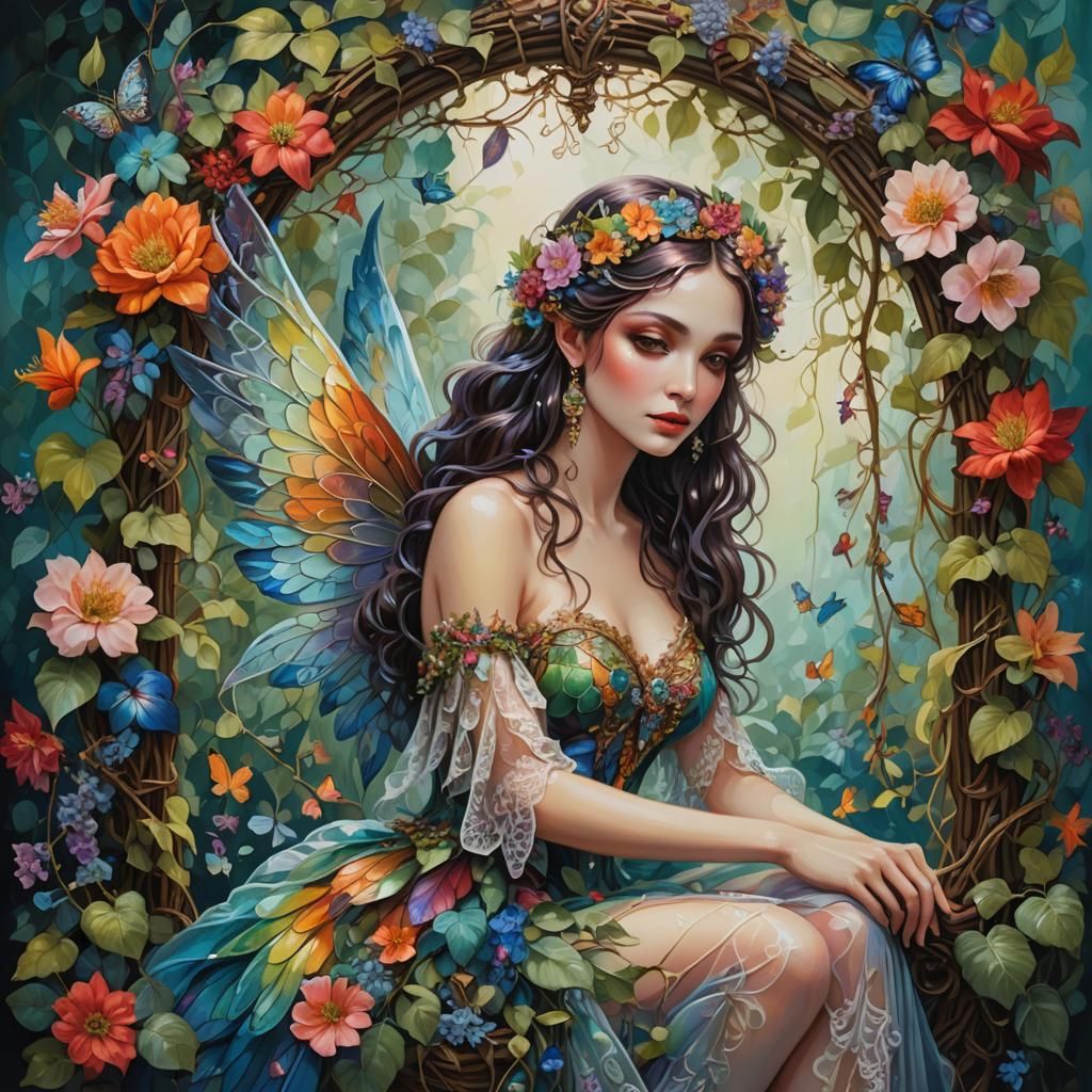 Sensual Fairy on Flower Swing in Vibrant Style