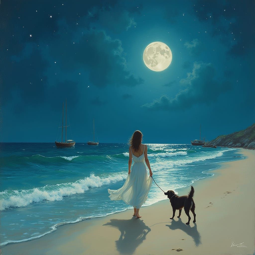 Moonlit Beach Scene with Woman and Dog