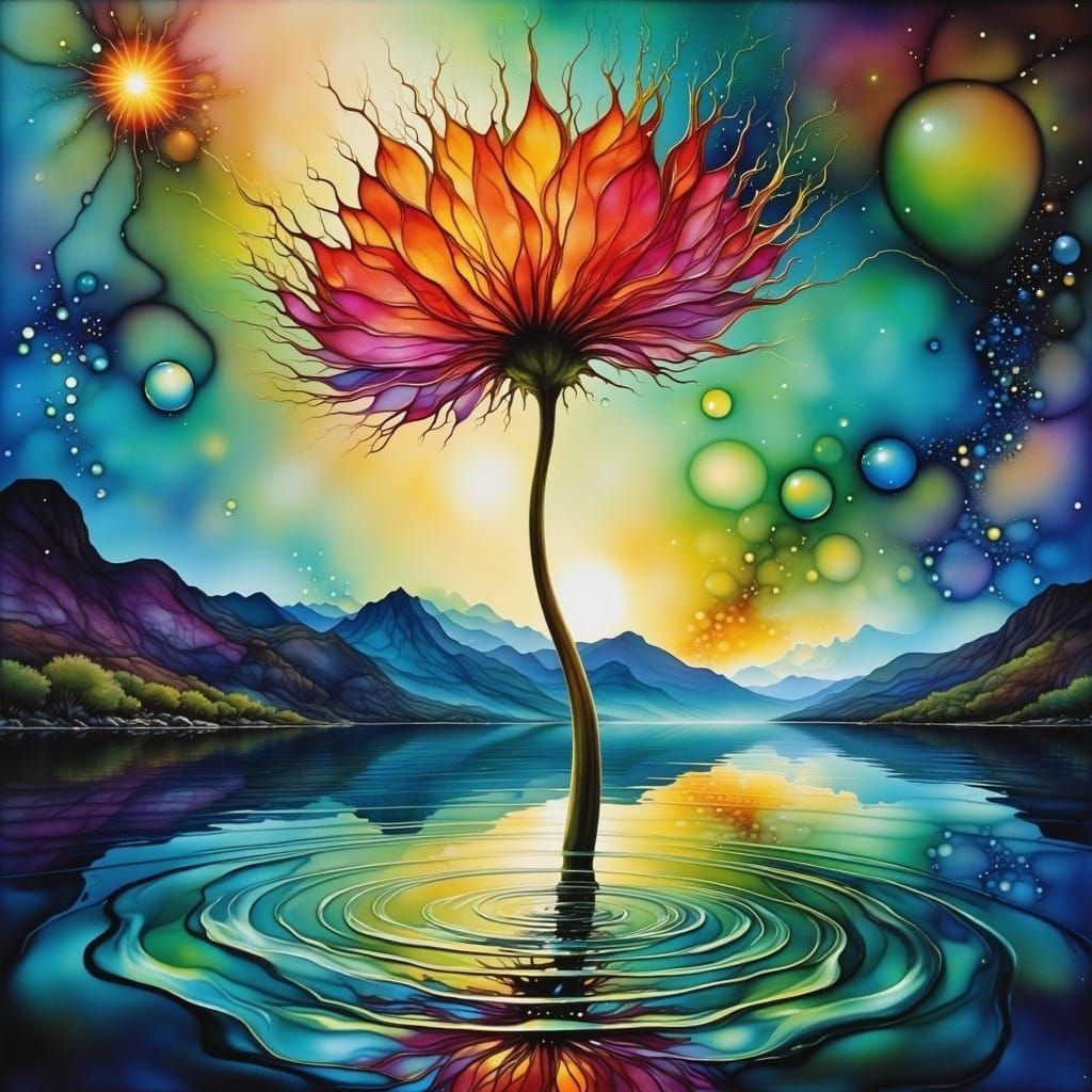 Crimson Flower Descends into Turquoise Ocean: Surrealist Pai...