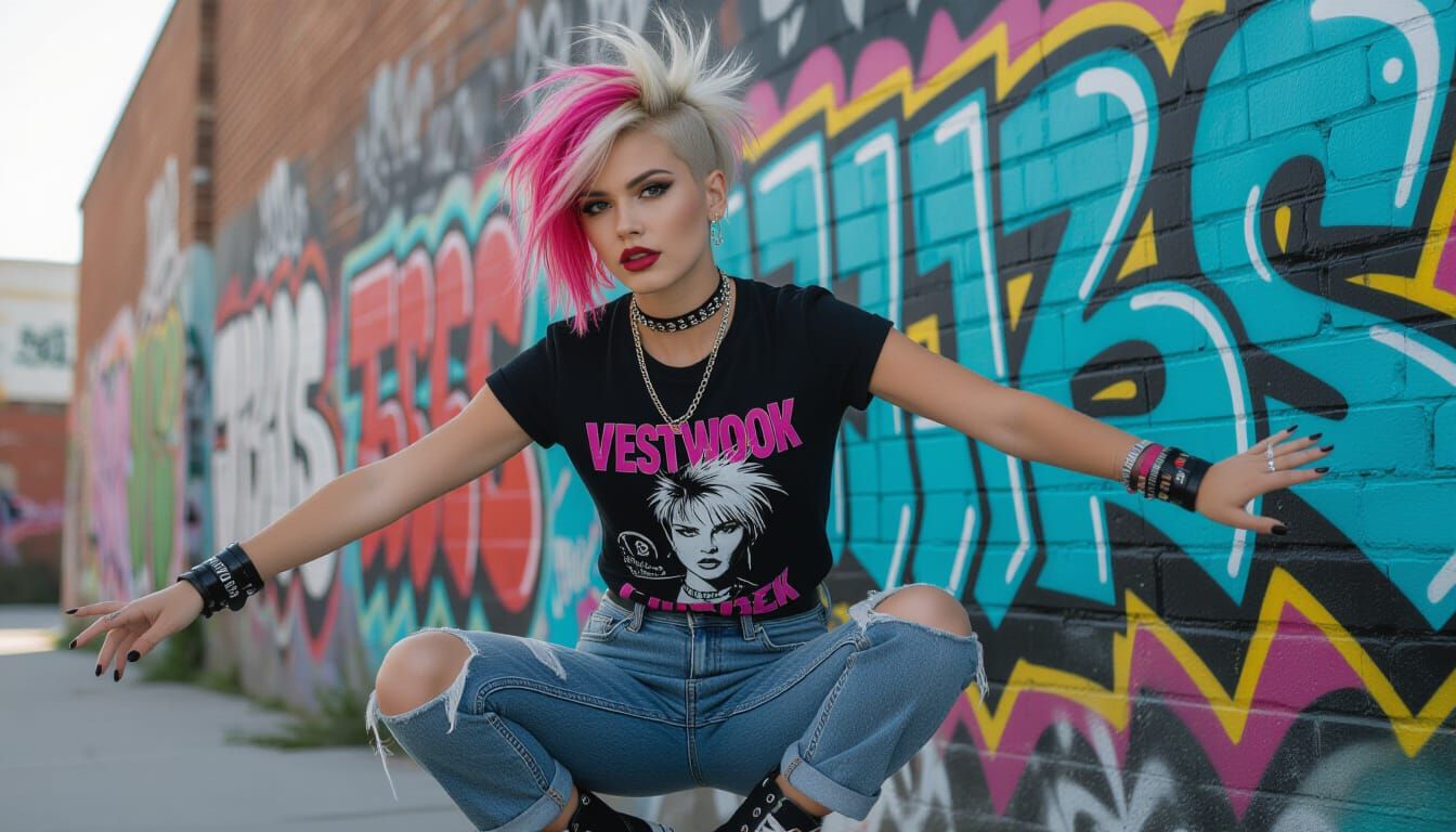 Dynamic Punk Girl in Urban Graffiti Setting