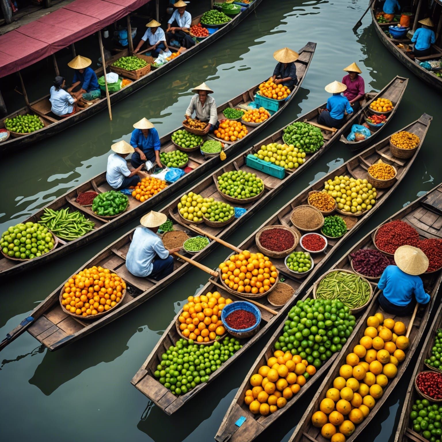 Southeast Asian Floating Market in Hyperrealistic Style