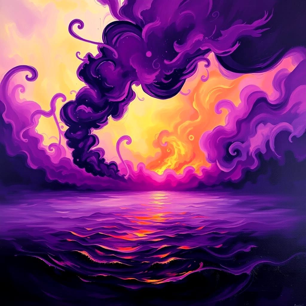 Dark Neo-Impressionist Painting of Fiery Skies and Foggy Wat...