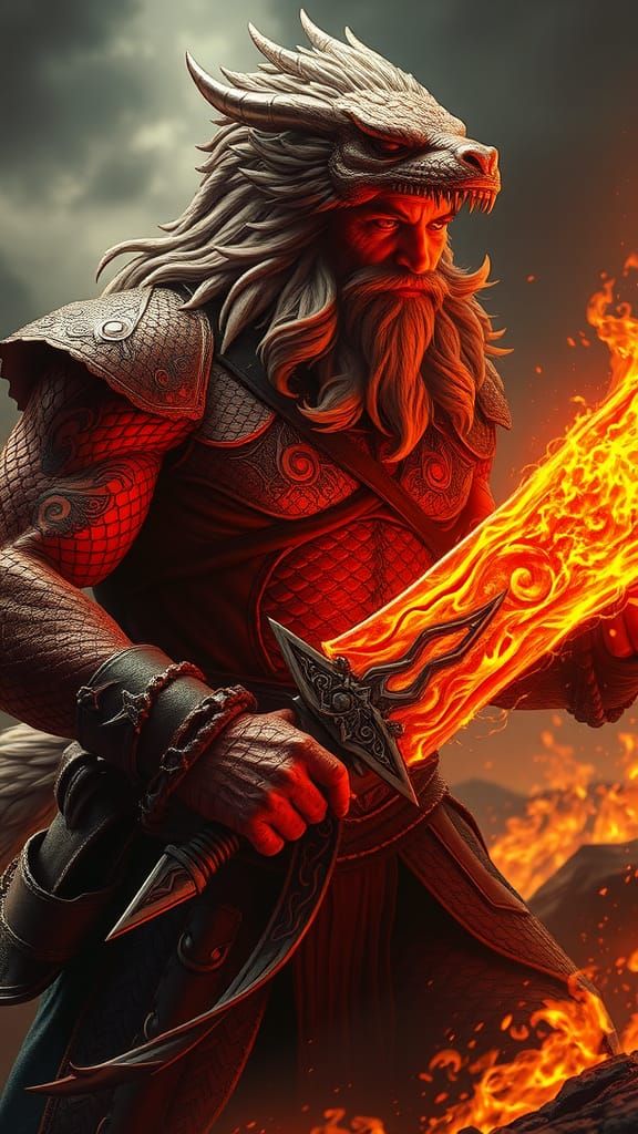 Dragon-Faced Viking Warrior with Flaming Sword