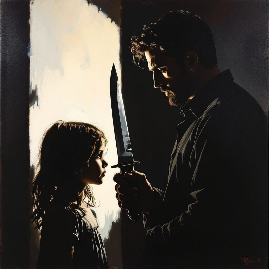 Dramatic Chiaroscuro Scene: Man with Knife and Girl