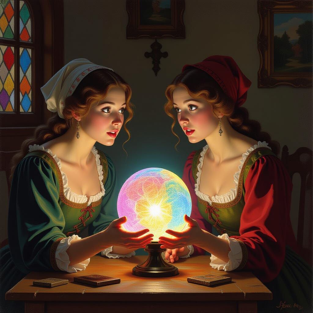 Renaissance Women Discover Glowing Orb in Oil Painting