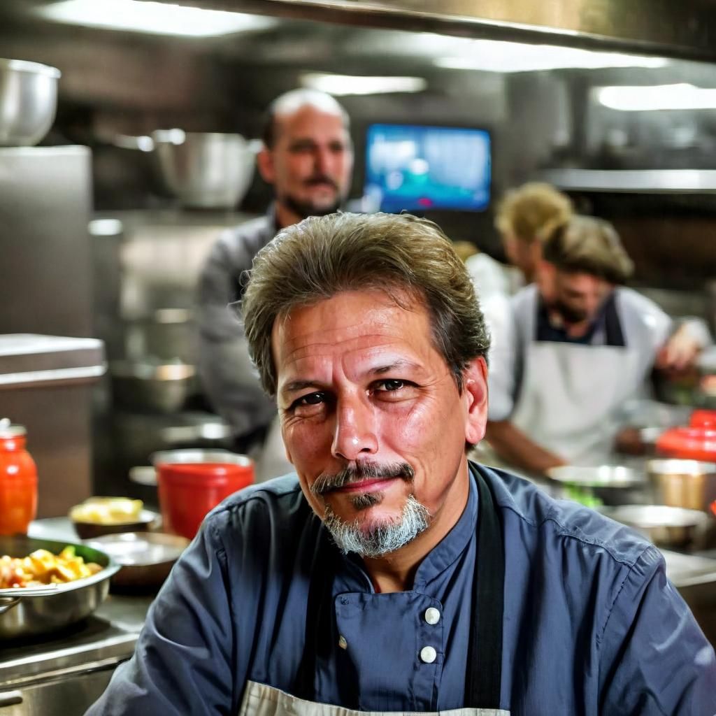 Chef Portrait in Busy Restaurant with Neon Lighting