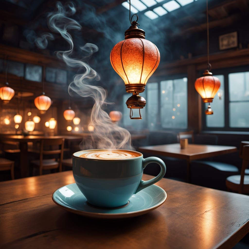 Magical Cafe with Glowing Mugs and Floating Lanterns