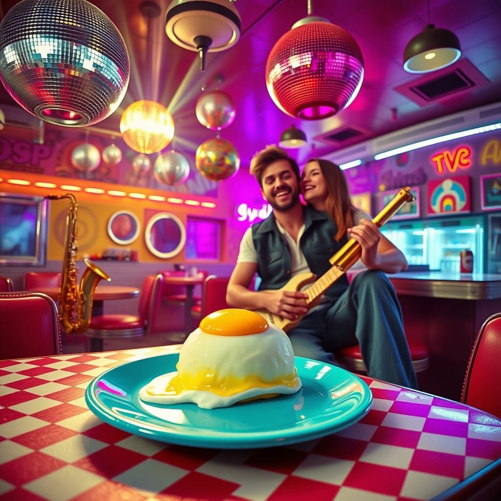 Retro Diner Scene: Rainbow Fried Egg and Joyful Couple